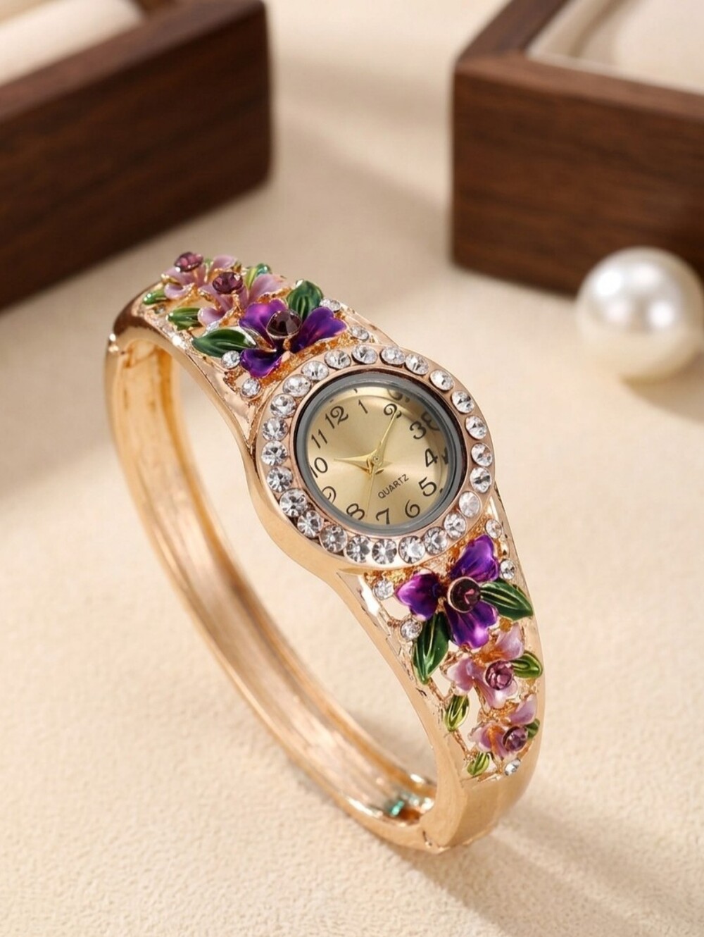 Gold Floral Bangle Watch Women's Quartz Crystal Cuff